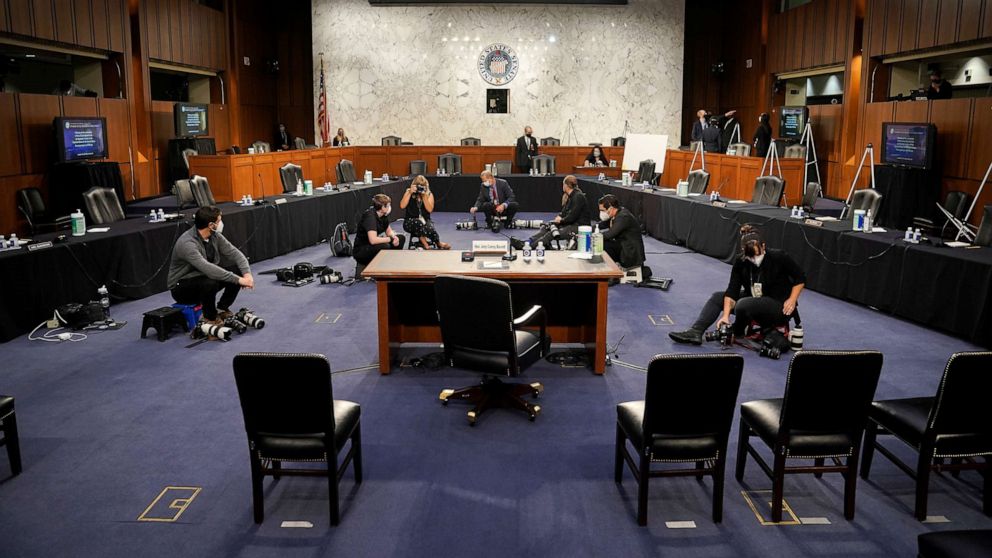 PHOTO: Preparations are made prior to a Senate Judiciary Committee confirmation hearing for  Supreme Court nominee Judge Amy Coney Barrett in Washington, D.C., Oct. 12, 2020.