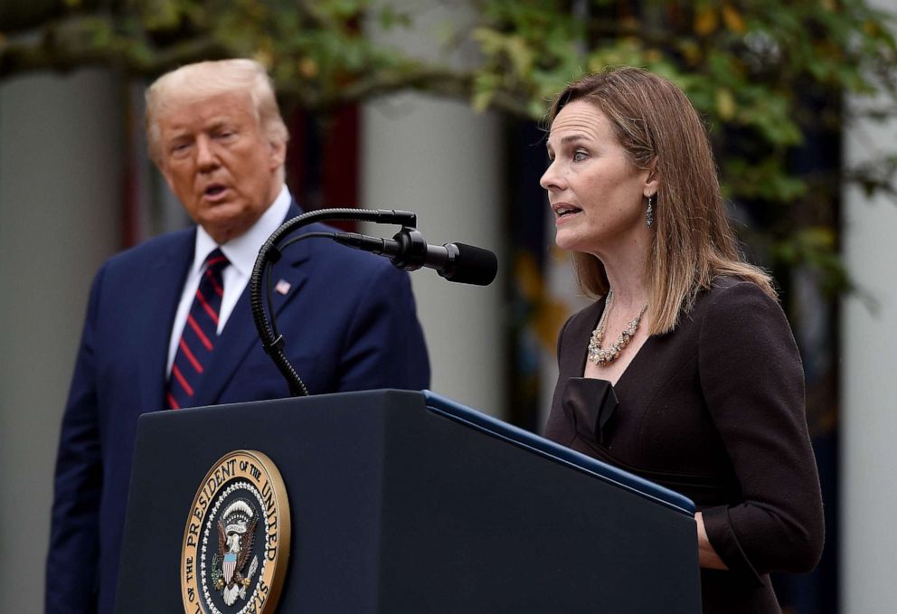 PHOTO: Judge Amy Coney Barrett speaks after being nominated to the US Supreme Court by President Donald Trump in the Rose Garden of the White House in Washington, DC.