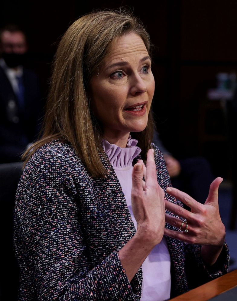 PHOTO: Supreme Court nominee Judge Amy Coney Barrett testifies on the third day of her  Senate Judiciary Committee confirmation hearing on Capitol Hill in Washington, Oct. 14, 2020.