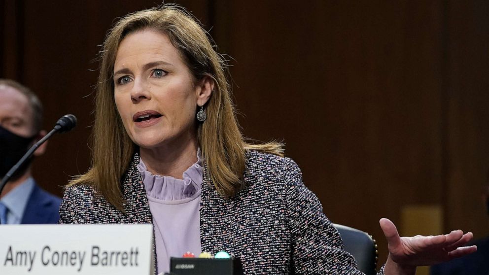 PHOTO: Supreme Court nominee Amy Coney Barrett testifies before the Senate Judiciary Committee during the third day of her confirmation hearings on Capitol Hill in Washington, Oct. 14, 2020. 