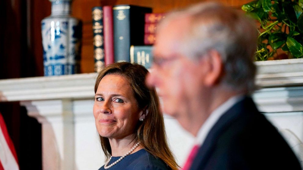 PHOTO: Senate Majority Leader Mitch McConnell of Kentucky, meets with Supreme Court nominee Judge Amy Coney Barrett on Capitol Hill in Washington, D.C. on Sept. 29, 2020.