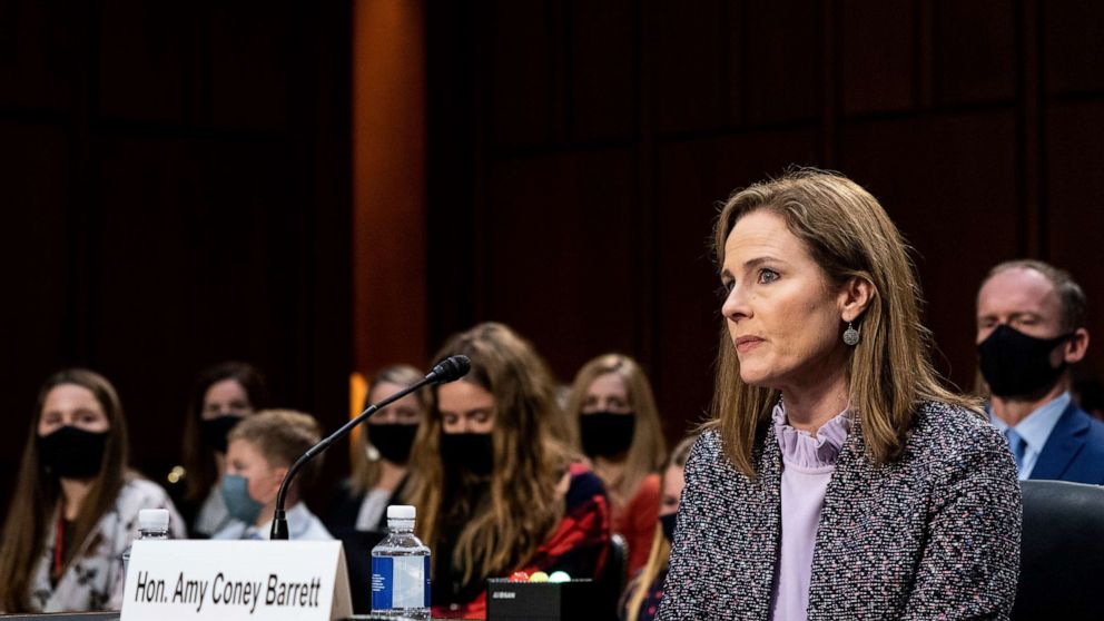 PHOTO: Supreme Court nominee Amy Coney Barrett listens during a confirmation hearing before the Senate Judiciary Committee, Oct. 14, 2020, on Capitol Hill in Washington.