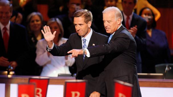 Beau Biden, left, son of Democratic vice presidential nominee, and Sen. Joe Biden, D-Del., wave to the crowd at the 2008 Democratic National Convention in Denver, Colorado August 27, 2008.