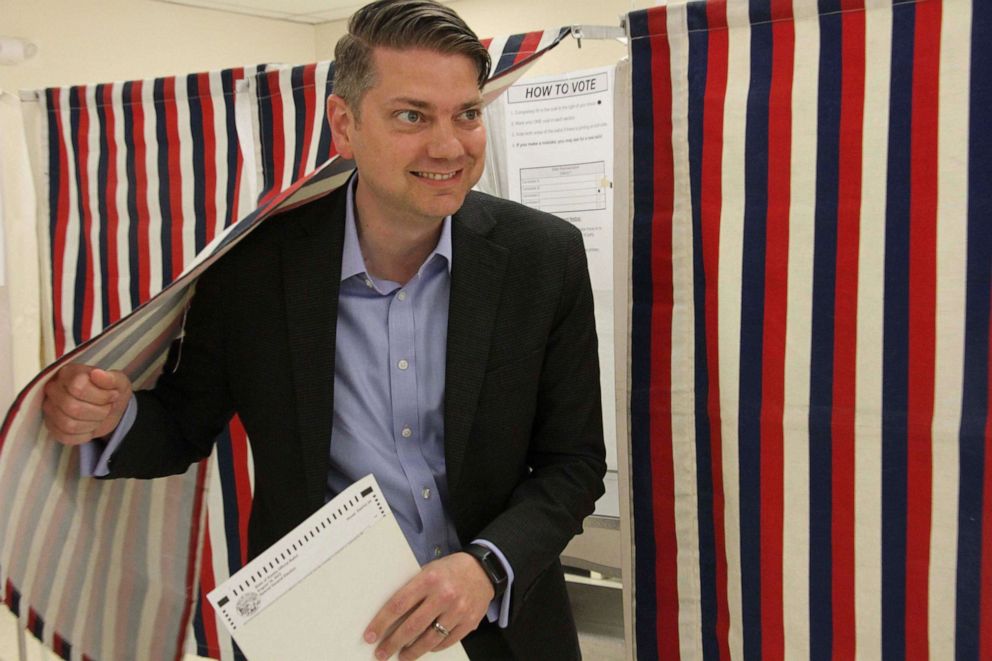 PHOTO: Nick Begich, a Republican candidate for both the special election and the regular primary for Alaska's open U.S. House seat, emerges from a booth after voting on Aug. 10, 2022.