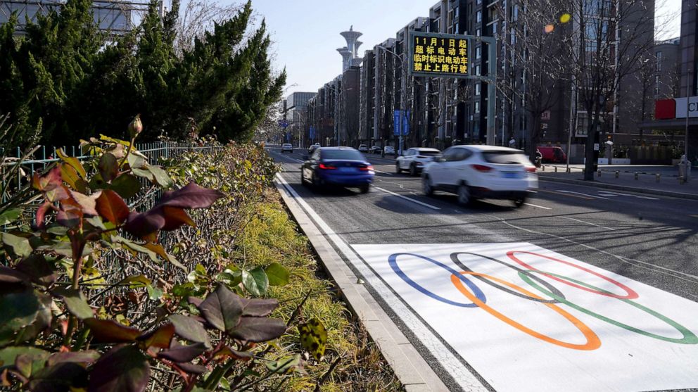 PHOTO: The first traffic lane reserved for the exclusive use by Winter Olympics participants is designated on a road near the Olympic Park in Beijing, Nov. 14, 2021.