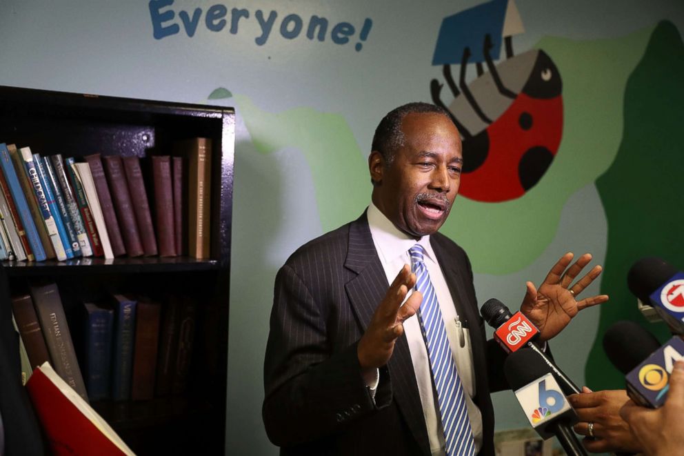 PHOTO: Housing and Urban Development Secretary Ben Carson speaks to the media during a visit to the Liberty Square apartment complex on April 12, 2017, in Miami. 