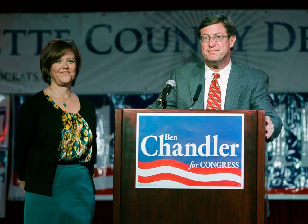 PHOTO: Congressman Ben Chandler, with his wife Jennifer at his side, gives his concession speech on Tuesday, November 6, 2012 in Lexington, Ky.