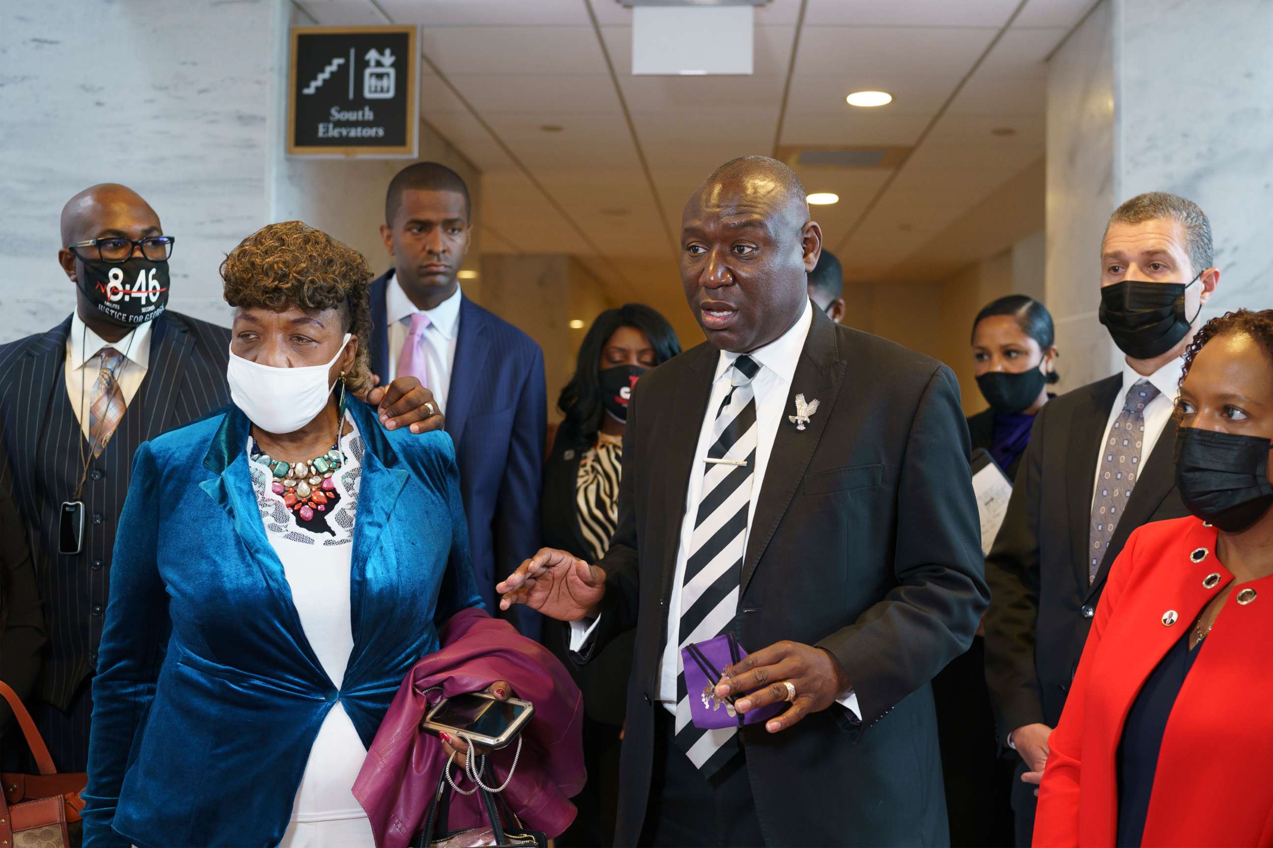 PHOTO: Civil rights attorney Ben Crump is joined by Philonise Floyd, brother of George Floyd, and Gwen Carr, mother of Eric Garner, following a meeting with Sen. Tim Scott at the Capitol in Washington, D.C., April 29, 2021.