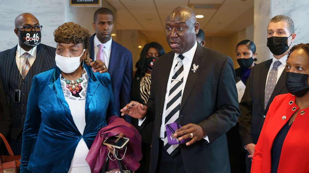 PHOTO: Civil rights attorney Ben Crump is joined by Philonise Floyd, brother of George Floyd, and Gwen Carr, mother of Eric Garner, following a meeting with Sen. Tim Scott at the Capitol in Washington, D.C., April 29, 2021.