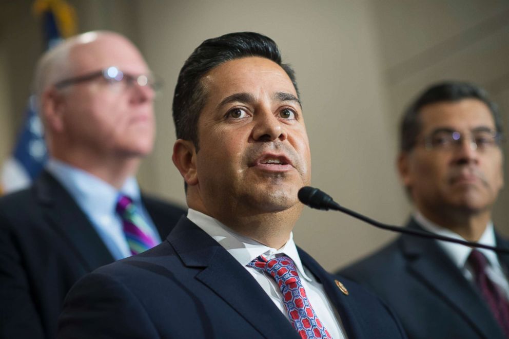 PHOTO: Rep. Ben Ray Lujan along with Reps. Joe Crowley, left, and Xavier Becerra, conduct a news conference after a meeting with House Democrats in the Capitol Visitor Center, June 22, 2016.