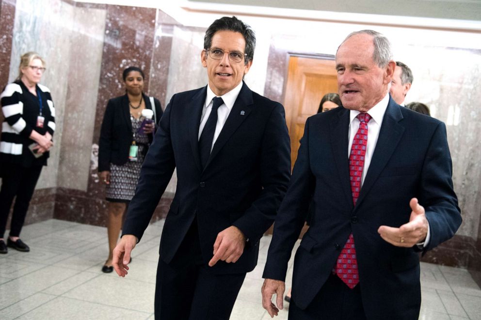 PHOTO: Ben Stiller, left, goodwill ambassador for United Nations Human Rights Council, and Chairman James Risch, are seen in Dirksen Building before a Senate Foreign Relations Committee hearing on Wednesday, May 1, 2019.