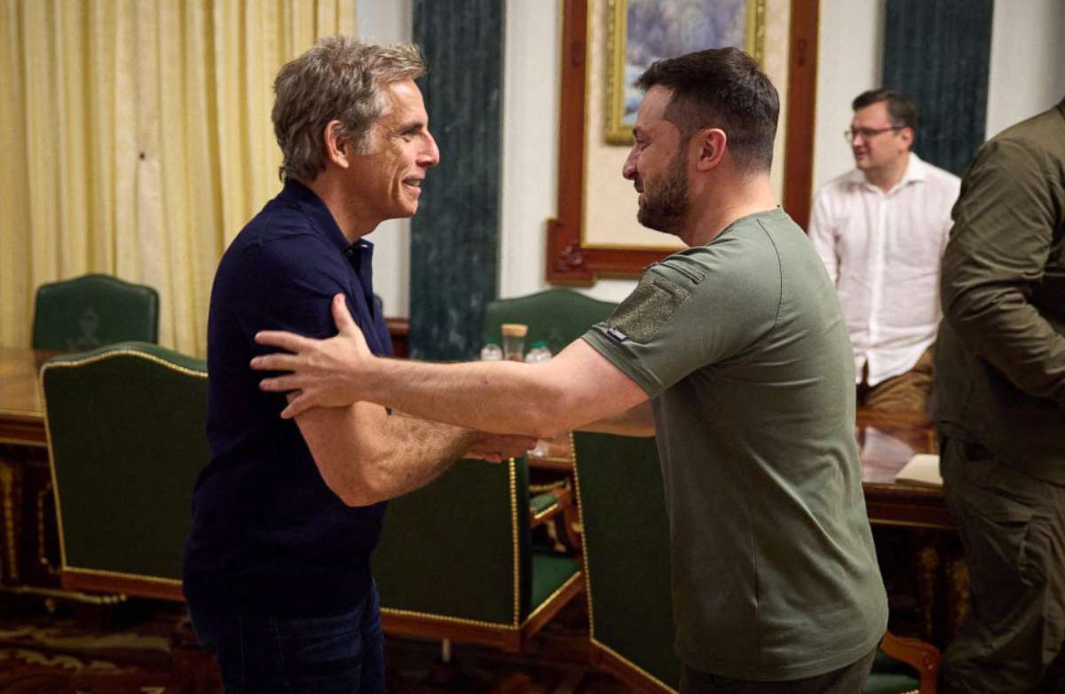 PHOTO: This handout picture taken and released by Ukrainian President Press Service on June 20, 2022, shows Ukraine's President Volodymyr Zelenskyy welcoming actor and UN Goodwill Envoy Ben Stiller during their meeting in Kyiv.