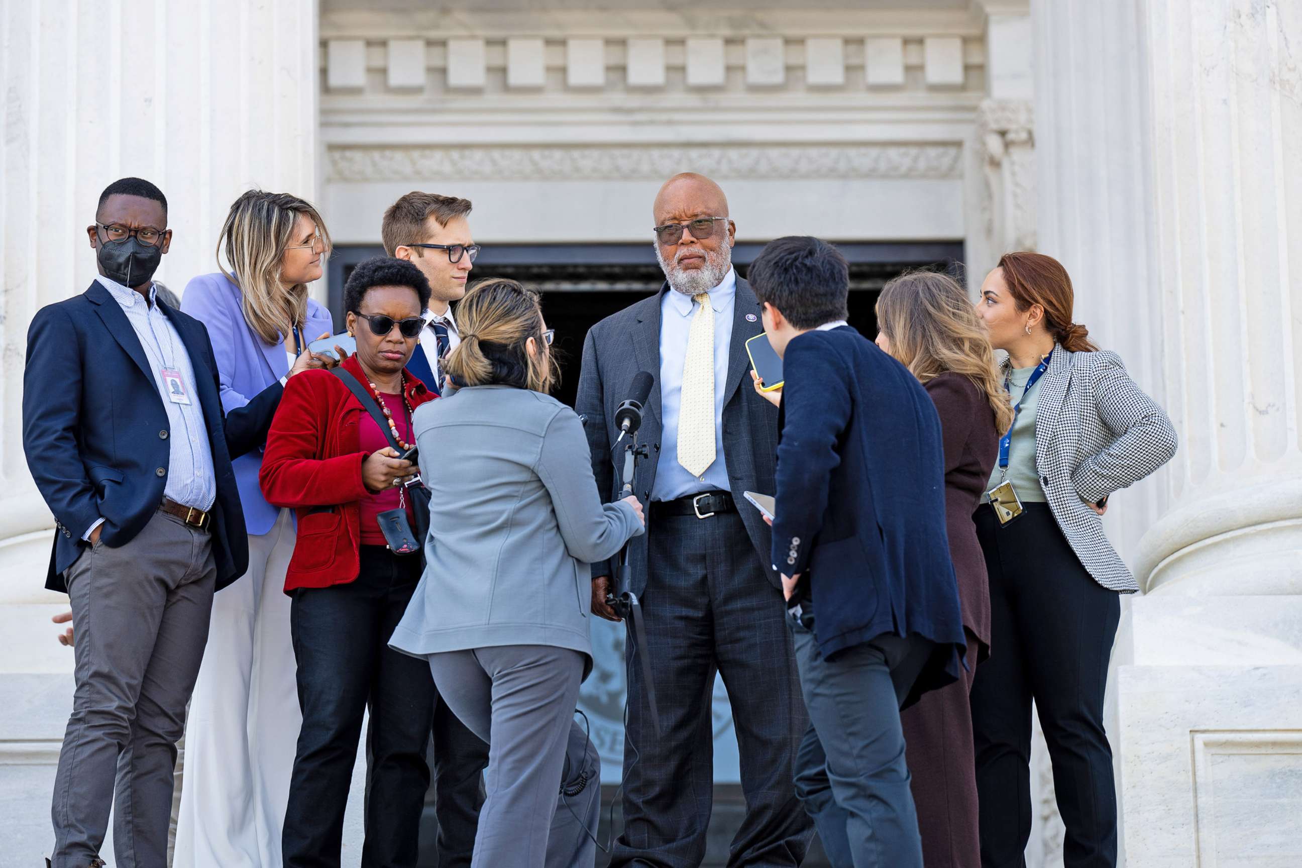 PHOTO: Rep. Bennie Thompson talks with reporters on the House steps of the Capitol on April 28, 2022.
