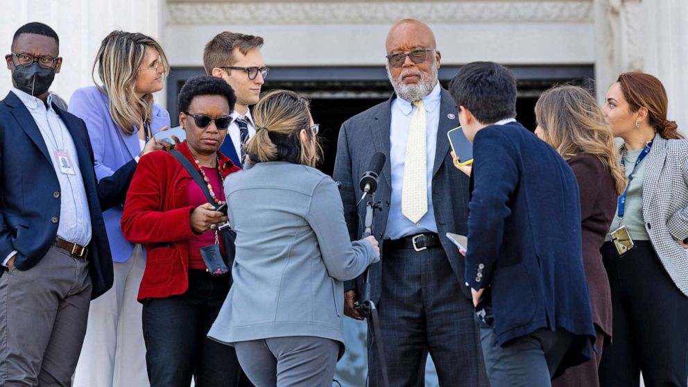PHOTO: Rep. Bennie Thompson talks with reporters on the House steps of the Capitol on April 28, 2022.