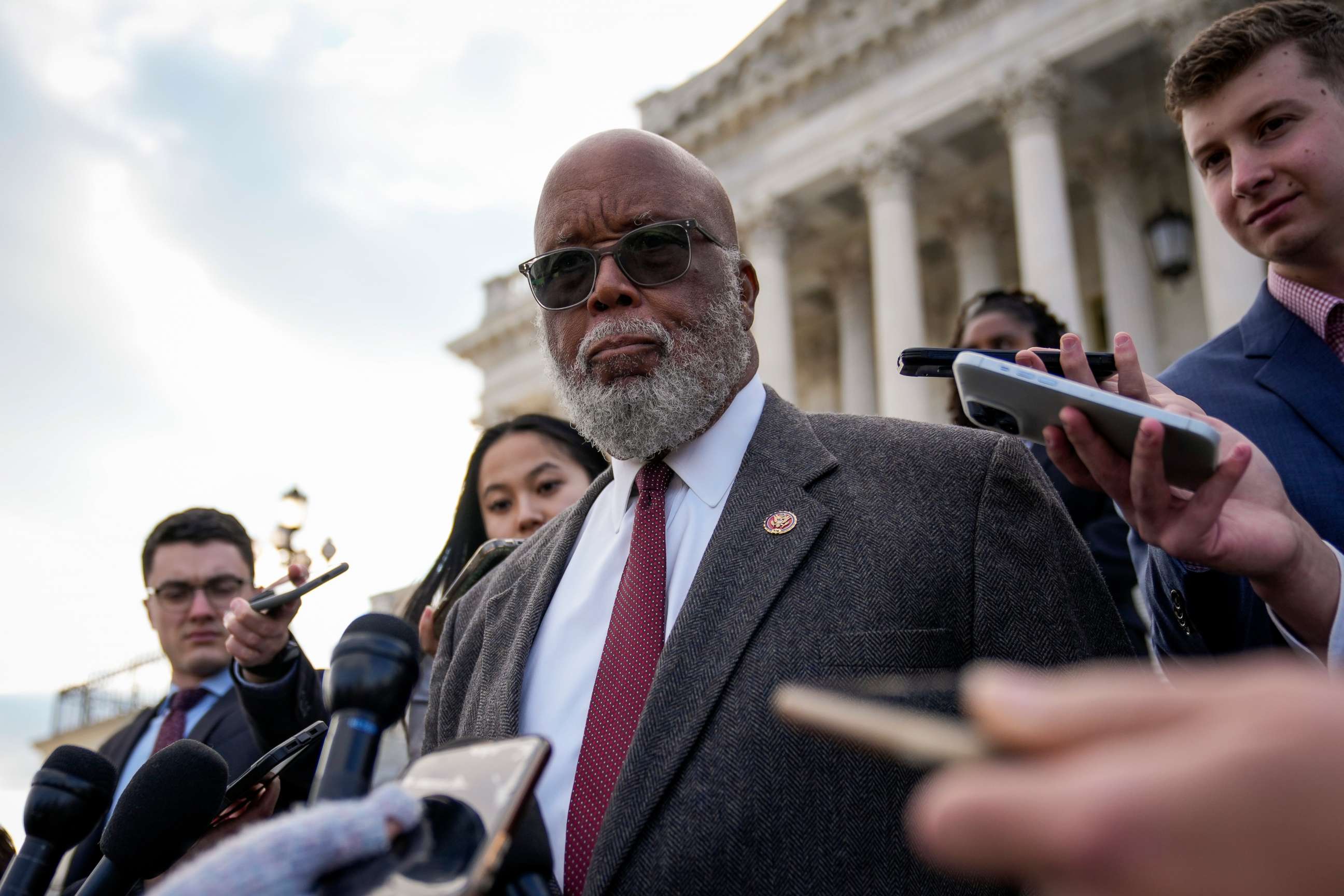 PHOTO: U.S. Rep. Bennie Thompson, D-Miss., chairman of the House Select Committee to Investigate the Jan. 6 attack on the U.S. Capitol, talks to reporters as he leaves the Capitol after the last House votes of the week on Nov. 17, 2022 in Washington, D.C.