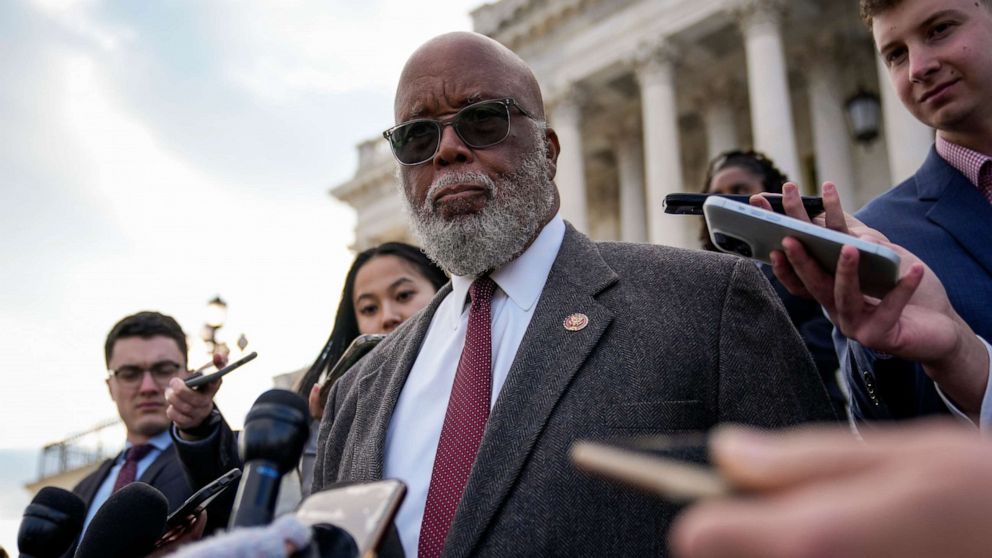 PHOTO: U.S. Rep. Bennie Thompson, D-Miss., chairman of the House Select Committee to Investigate the Jan. 6 attack on the U.S. Capitol, talks to reporters as he leaves the Capitol after the last House votes of the week on Nov. 17, 2022 in Washington, D.C.