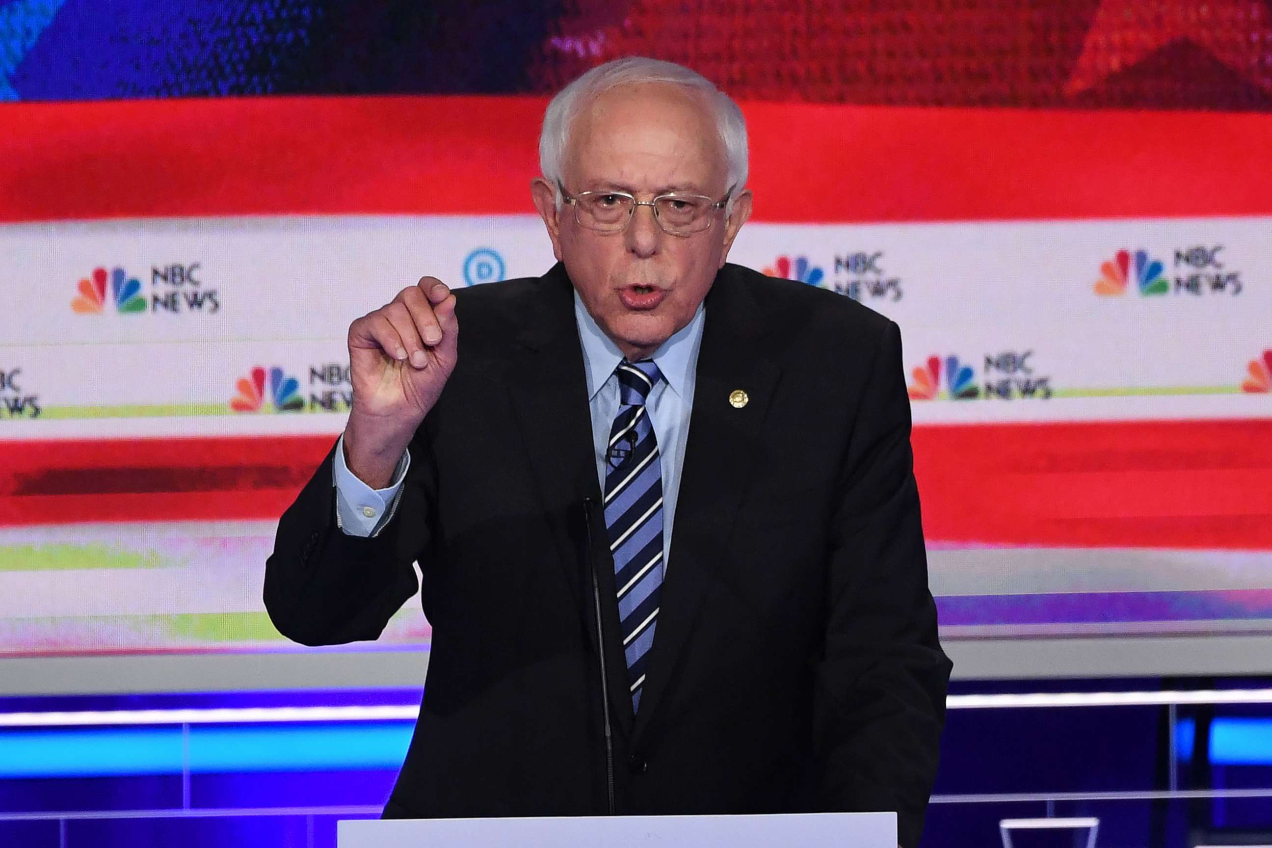 PHOTO: Bernie Sanders participates in the second night of the first 2020 democratic presidential debate at the Adrienne Arsht Center for the Performing Arts in Miami, June 27, 2019.