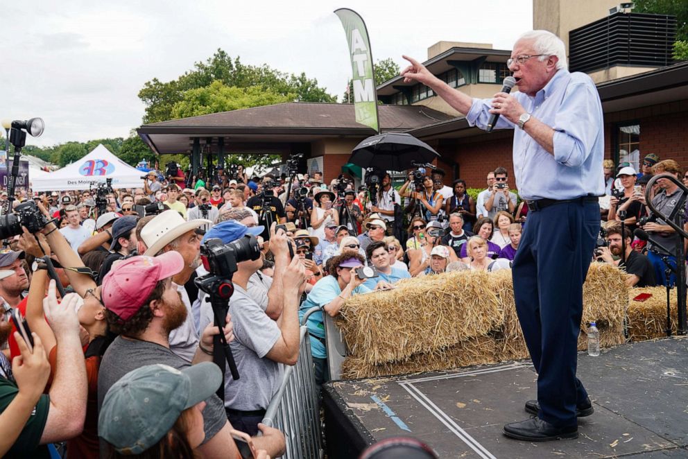 PHOTO: US Senator and Democratic presidential candidate Bernie Sanders speaks on the Des Moines Register Political Soapbox at the Iowa State Fair in Des Moines, Iowa, Aug. 11, 2019.