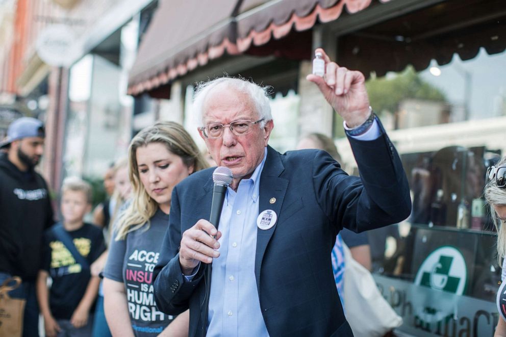 PHOTO: Democratic presidential candidate, Sen. Bernie Sanders (D-VT) talks about the cost of insulin in the USA versus Canada as he joins a group of people with diabetes on a trip to Canada for affordable Insulin, July 28, 2019, in Windsor, Canada. 