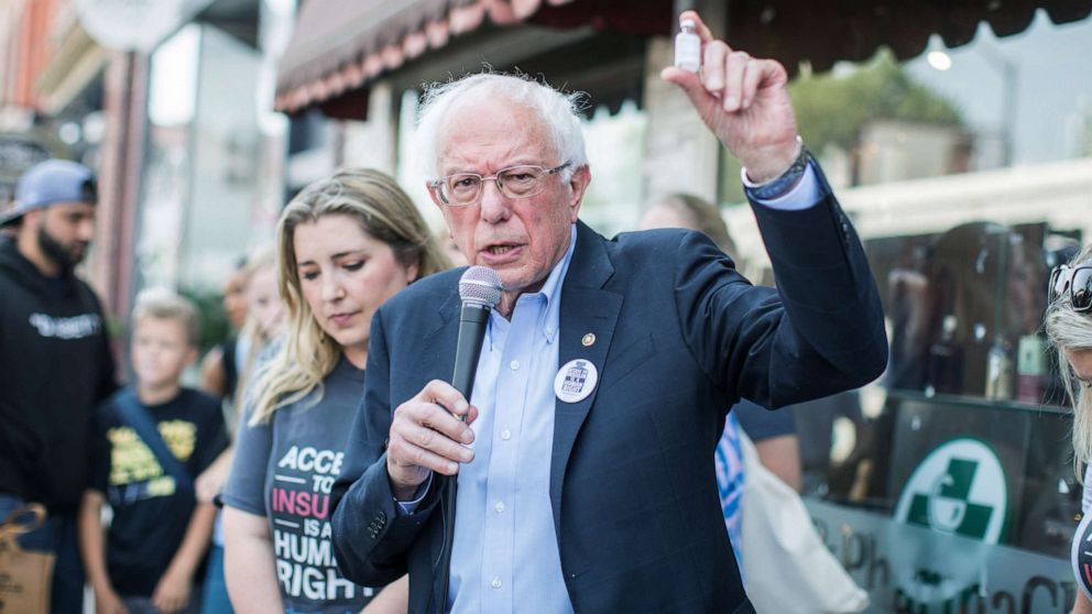 PHOTO:Democratic presidential candidate, Sen. Bernie Sanders (D-VT) talks about the cost of insulin in the USA versus Canada as he joins a group of people with diabetes on a trip to Canada for affordable Insulin, July 28, 2019, in Windsor, Canada. 