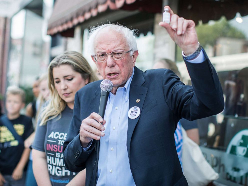 PHOTO:Democratic presidential candidate, Sen. Bernie Sanders (D-VT) talks about the cost of insulin in the USA versus Canada as he joins a group of people with diabetes on a trip to Canada for affordable Insulin, July 28, 2019, in Windsor, Canada.