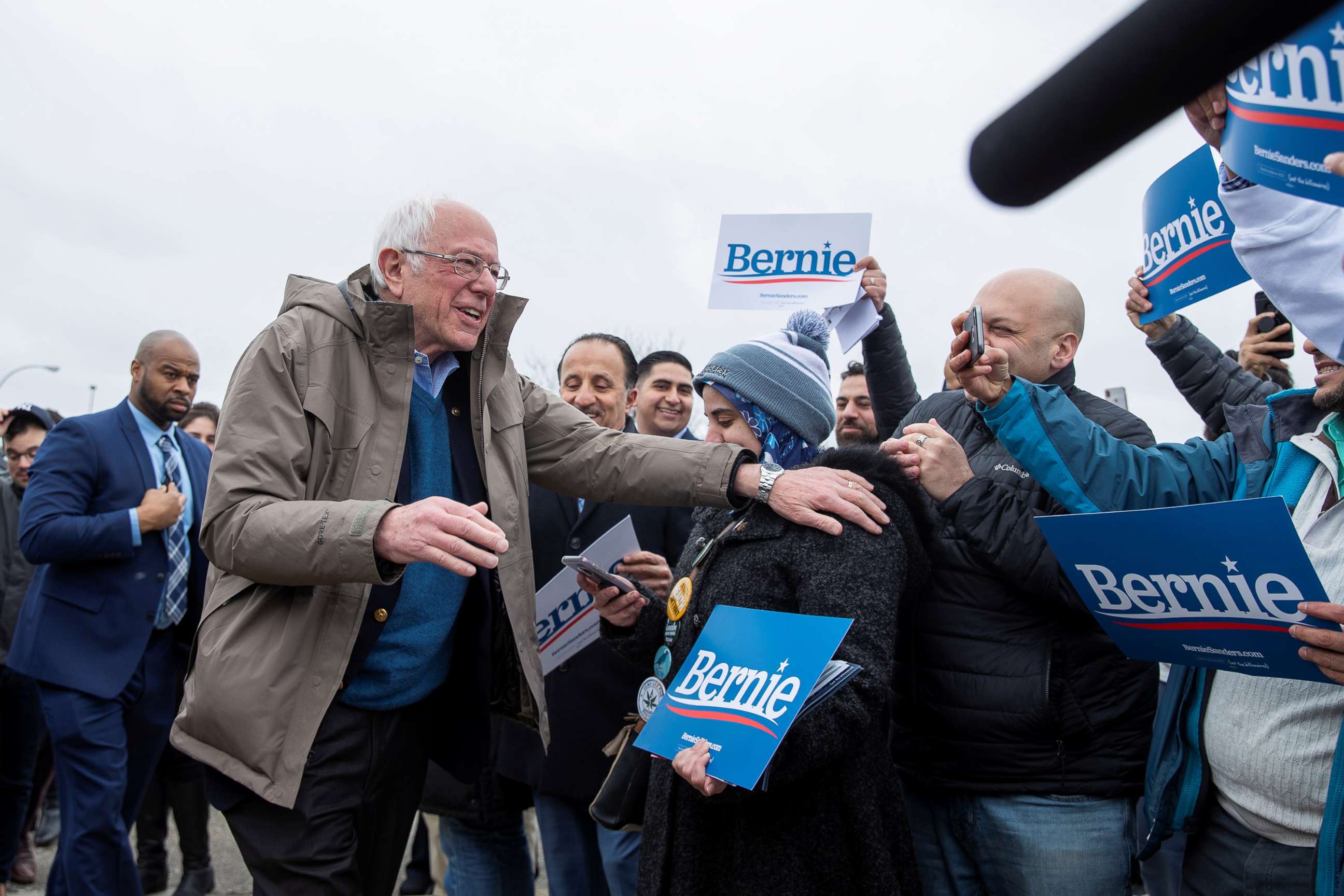 PHOTO: Democratic presidential candidate Bernie Sanders greets supporters outside of a polling station in Dearborn Heights, Mich., March 10, 2020.