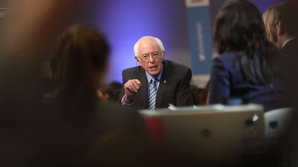 PHOTO: Democratic presidential hopeful Vermont Senator Bernie Sanders gives an interview in the spin room after participating in the tenth Democratic primary debate in Charleston, S.C., Feb. 25, 2020.