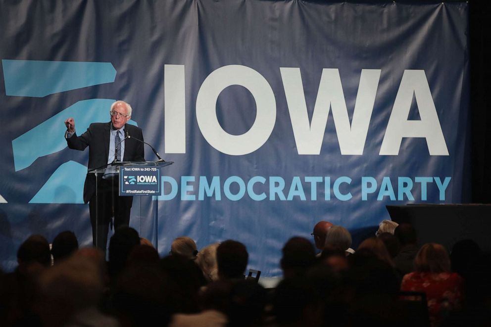 PHOTO: Democratic presidential candidate Senator Bernie Sanders (I-VT) speaks at the Iowa Democratic Party's Hall of Fame Dinner, June 9, 2019, in Cedar Rapids, Iowa. 