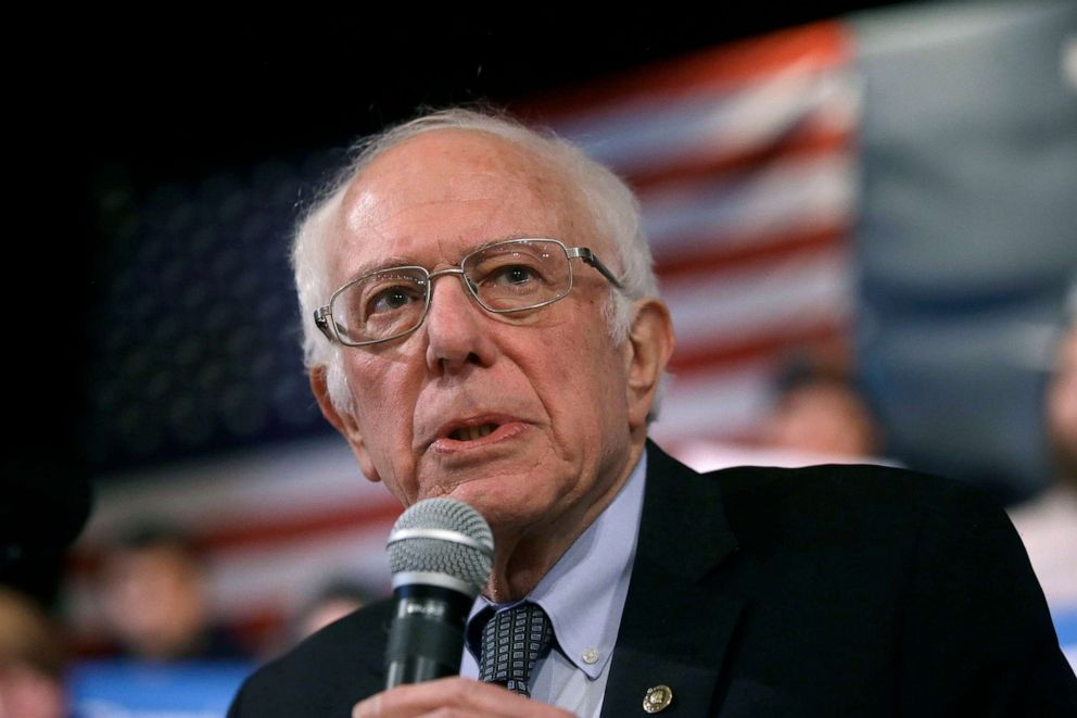 PHOTO: Democratic presidential candidate Sen. Bernie Sanders, I-Vt., speaks during a campaign rally, Feb. 5, 2020, in Derry, N.H. 