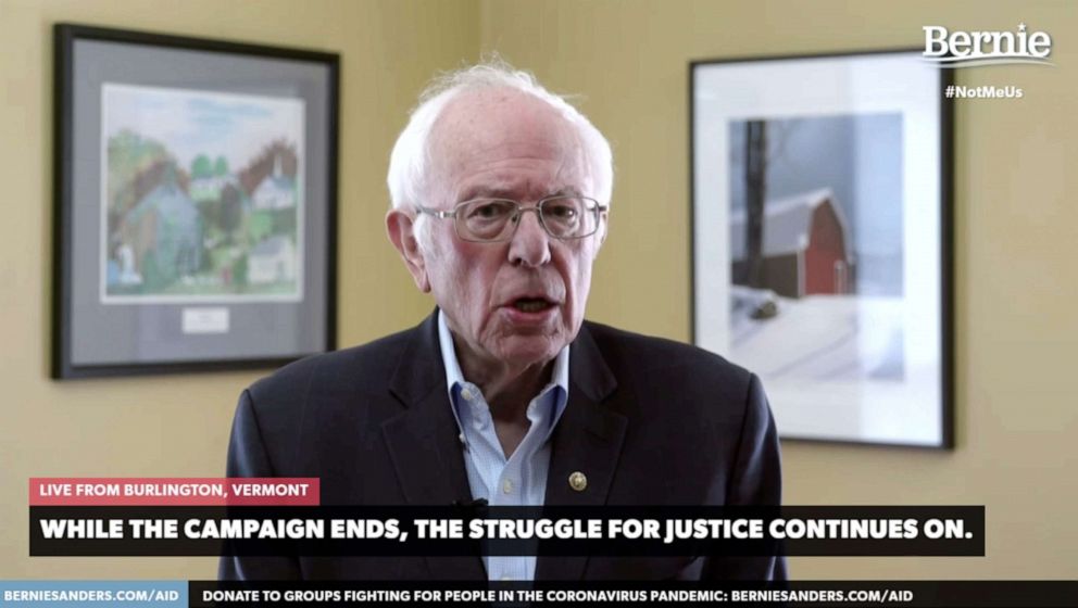 PHOTO: In this screengrab taken from a berniesanders.com webcast, Sen. Bernie Sanders announces that he is suspending his 2020 Democratic presidential campaign on April 8, 2020 in Burlington, Vt.