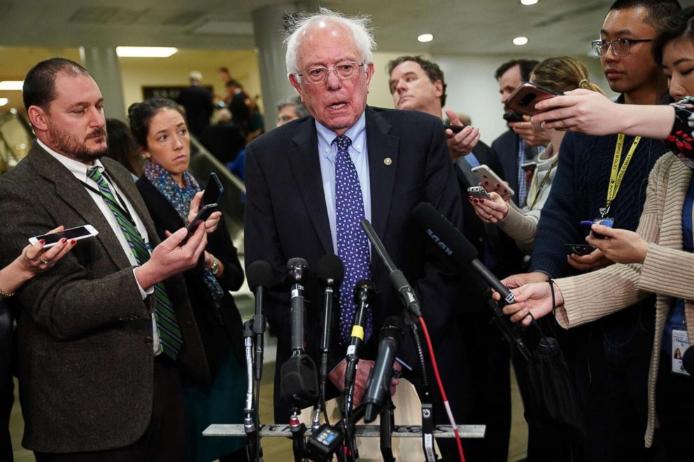 PHOTO: Bernie Sanders(I-VT) speaks to reporters at the Capitol, Nov, 28, 2018.