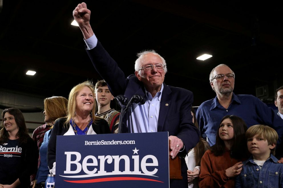 PHOTO: Sen. Bernie Sanders is accompanied by his relatives, including his wife Jane, as he addresses supporters at his Super Tuesday night rally in Essex Junction, Vt., March 3, 2020. 