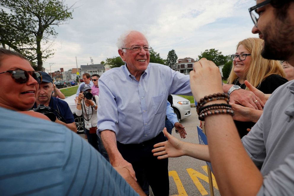 PHOTO: Democratic 2020 presidential candidate Senator Bernie Sanders (I-VT) greets supporters before marching in the Nashua Pride Parade in Nashua, N.H., June 29, 2019.  