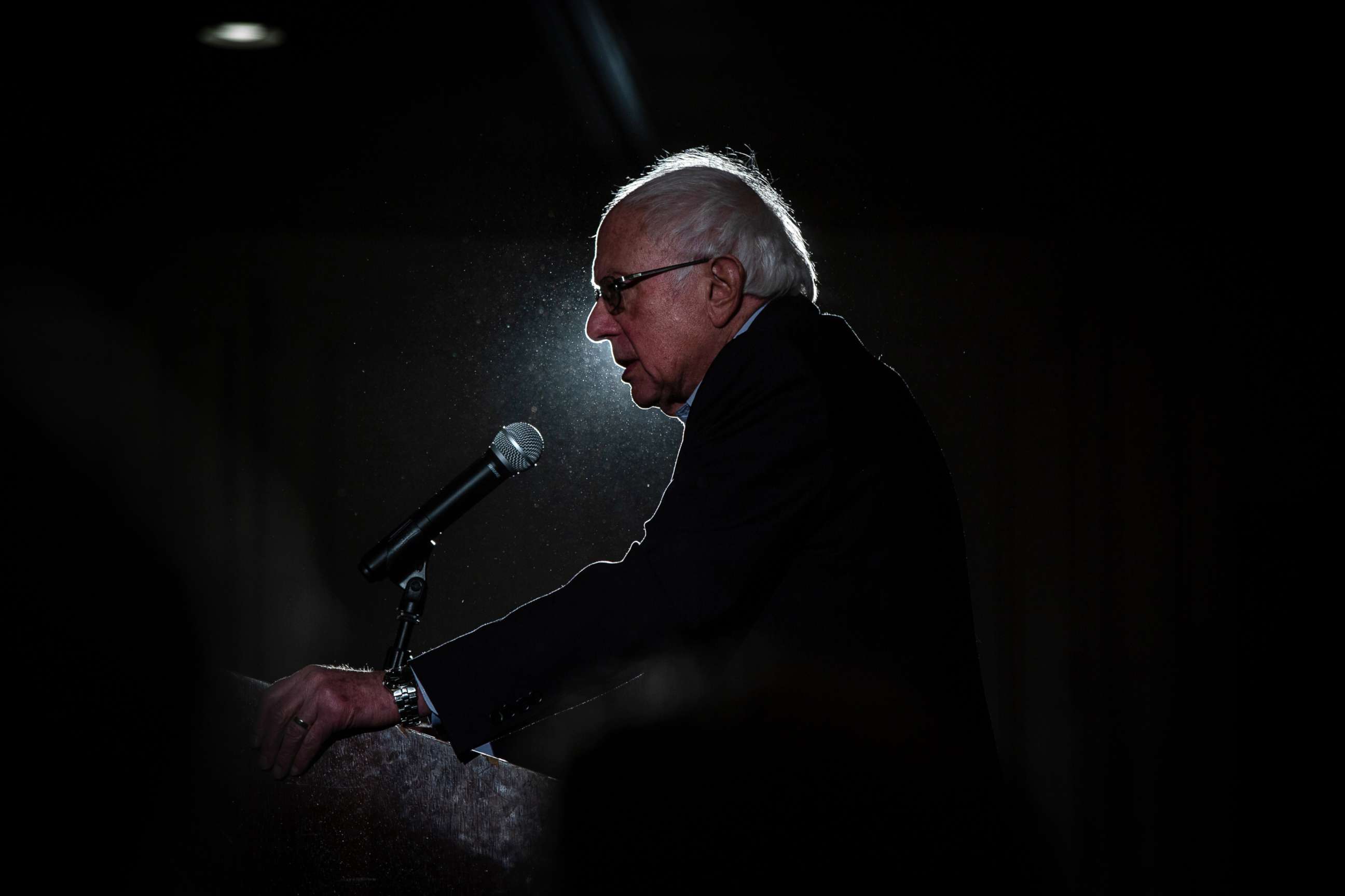 PHOTO: Sen. Bernie Sanders, a Democratic presidential candidate, speaks at a climate rally at the Graduate Hotel in Iowa City, Iowa, Jan. 12, 2020.