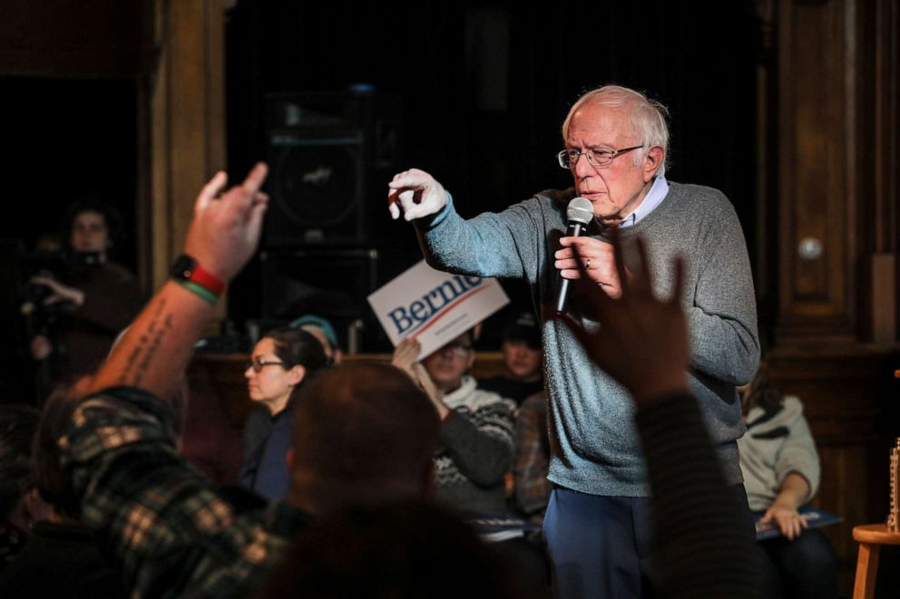PHOTO: Democratic presidential candidate Sen. Bernie Sanders takes questions from the audience during a Newport Town Hall Breakfast Sunday, Dec. 29, 2019, at the Newport Opera House in Newport, N.H.