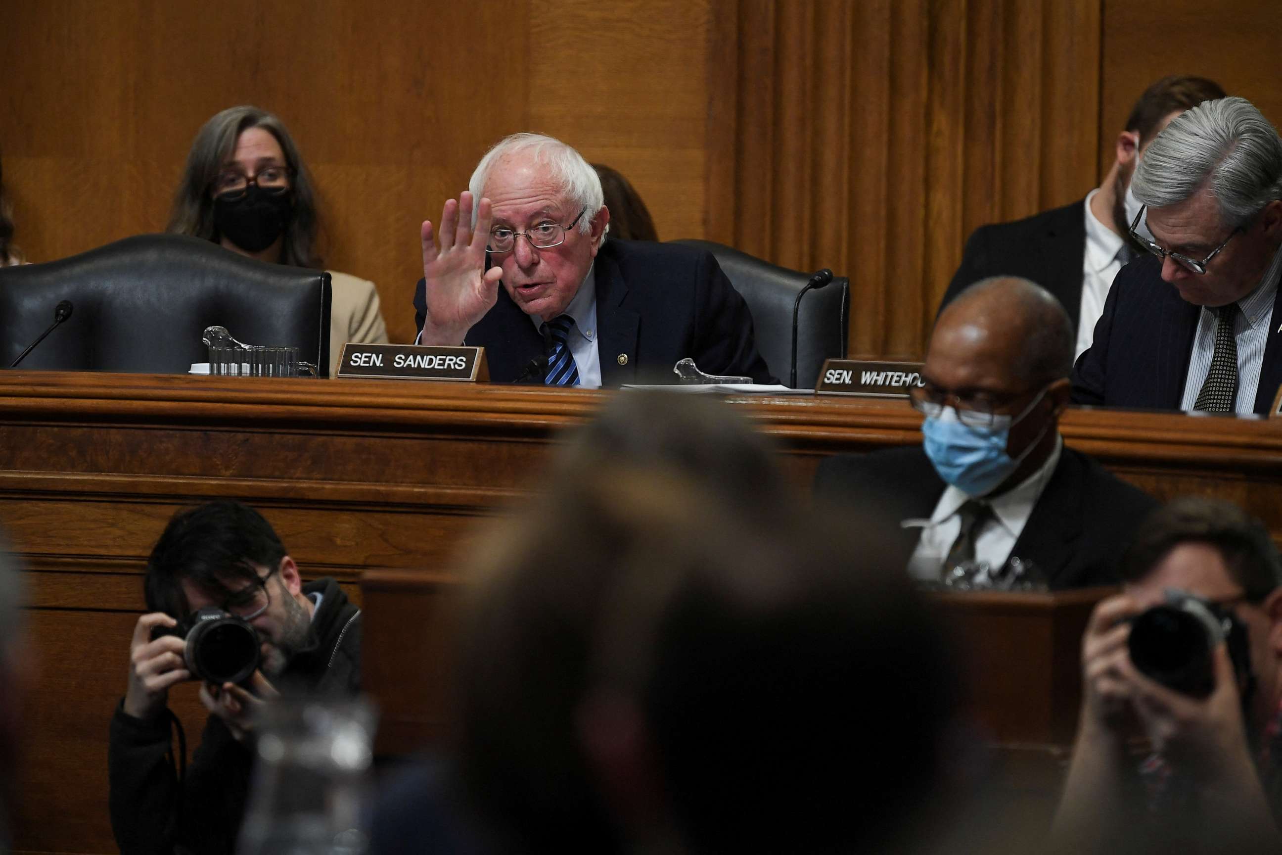 PHOTO: Sen. Bernie Sanders questions Norfolk Southern Chief Executive Office Alan Shaw during a testimony on the East Palestine, Ohio train derailment before a U.S. Senate Environment and Public Works Committee hearing, in Washington, March 9, 2023.