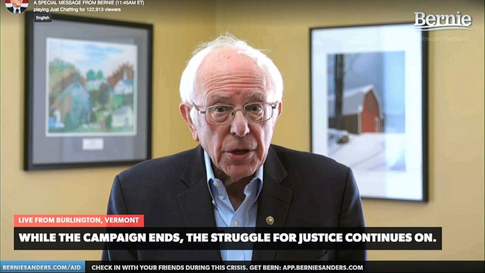 PHOTO: Sen. Bernie Sanders announces he is ending his presidential campaign, April 8, 2020, in Burlington, Vt.