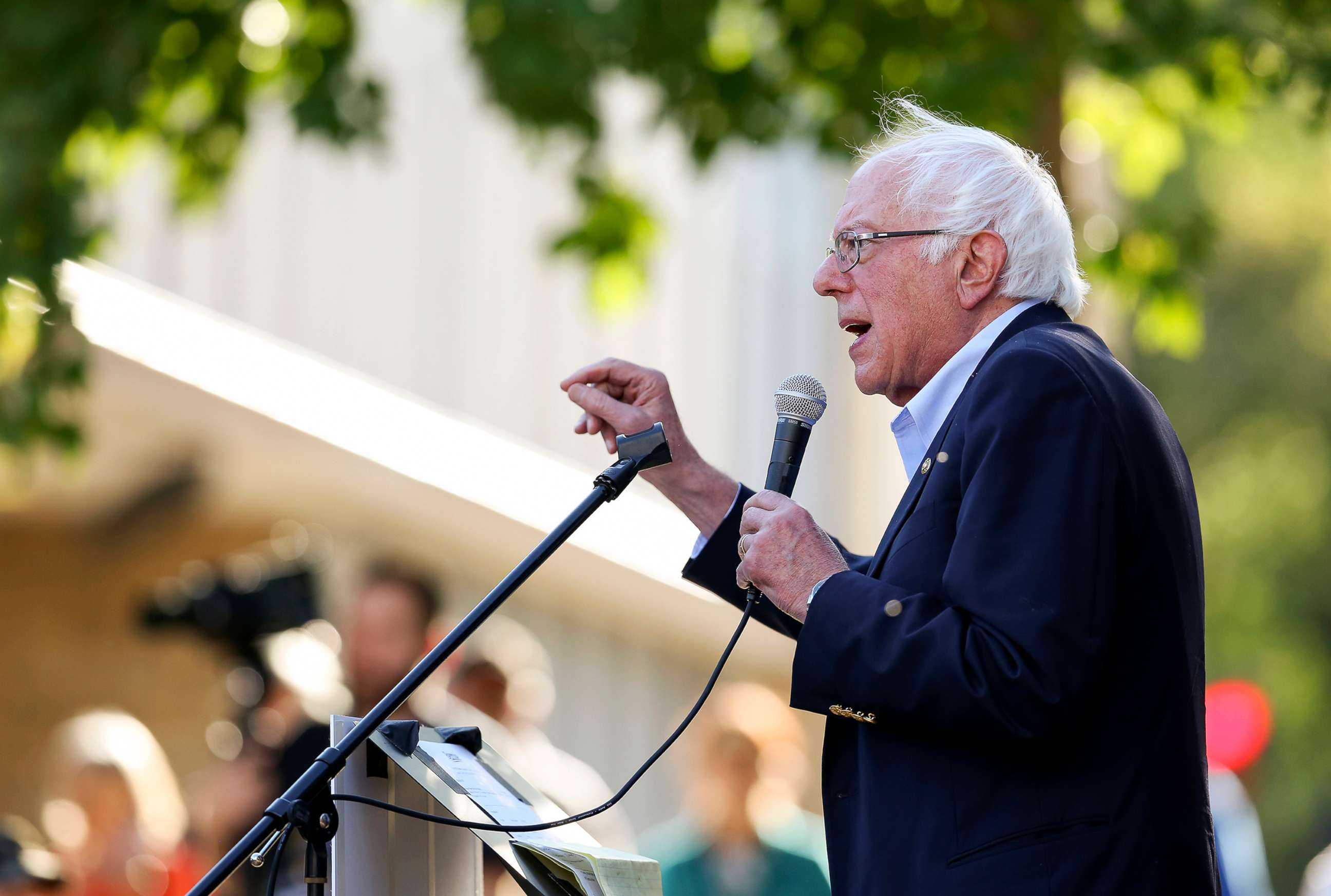 PHOTO: Democratic presidential candidate Sen. Bernie Sanders speaks during a brief campaign stop at Town Clock Plaza in Dubuque, Iowa, Sept. 23, 2019.