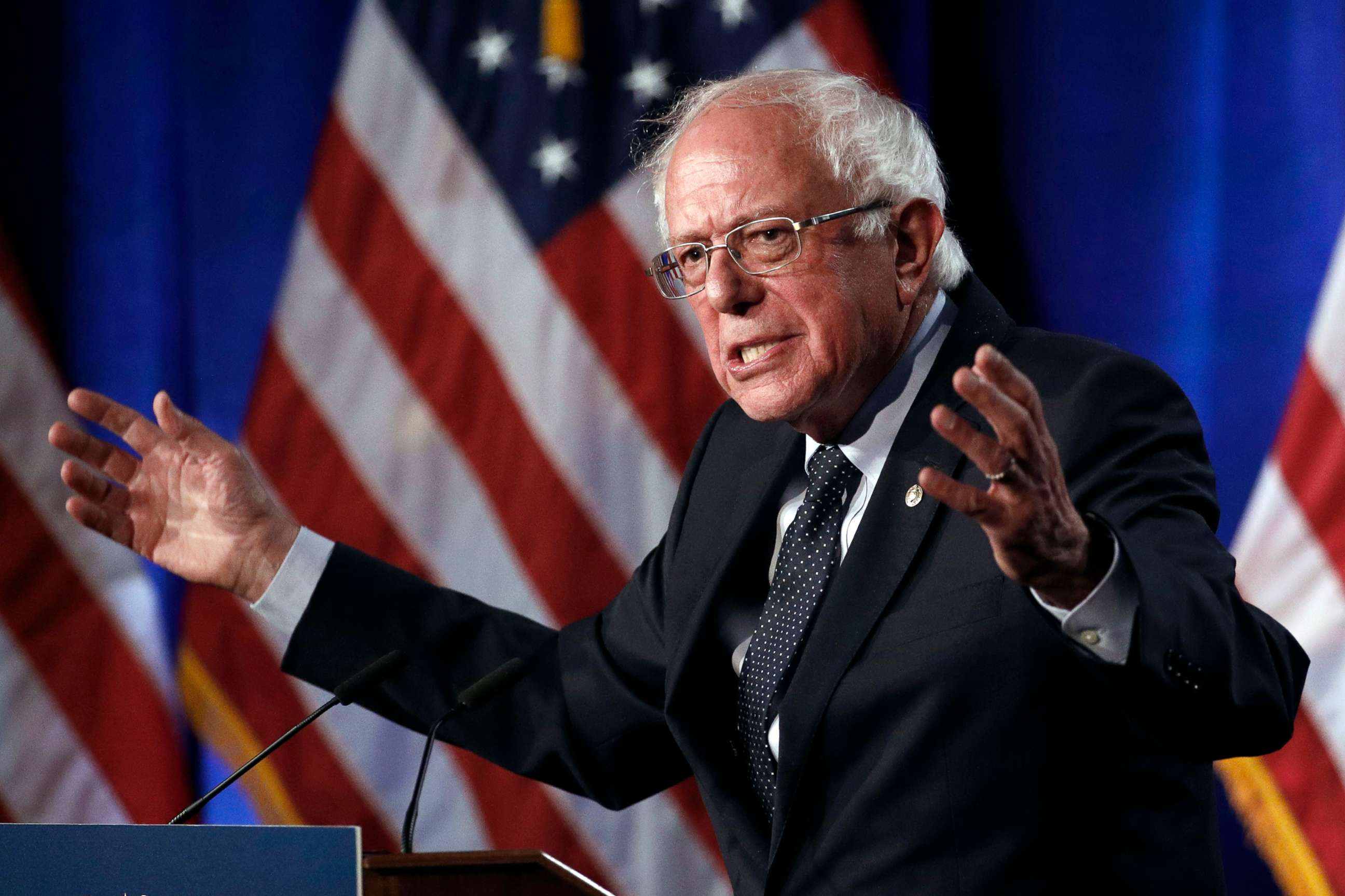 PHOTO: In this July 17, 2019, file photo, Democratic presidential candidate, Sen. Bernie Sanders speaks about his "Medicare for All" proposal at George Washington University in Washington.