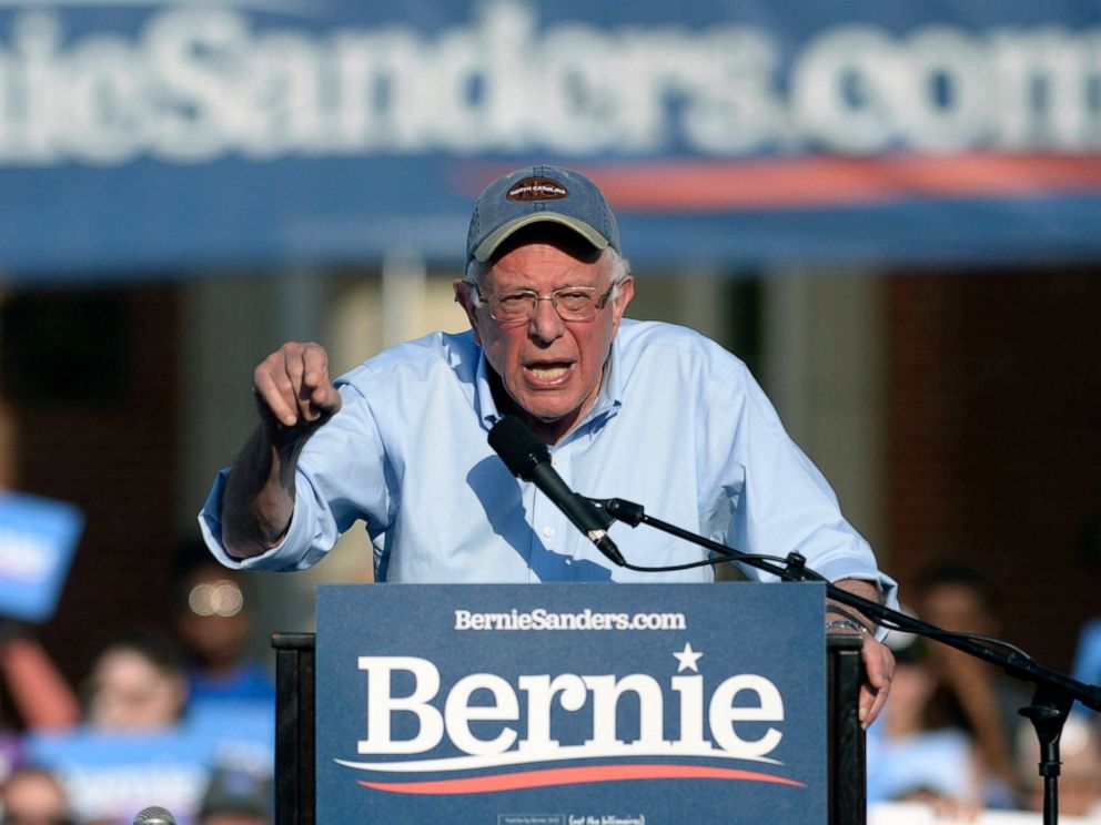 PHOTO: Sen. Bernie Sanders, I-Vt., speaks to the crowd during a rally at Central Piedmont Community College on the lawn of Overcash Center in Charlotte, N.C. on Friday, May 17, 2019.
