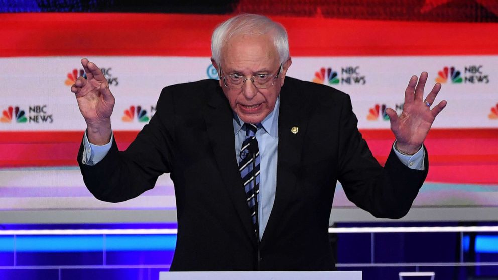 PHOTO: Bernie Sanders participates in the second night of the first 2020 democratic presidential debate at the Adrienne Arsht Center for the Performing Arts in Miami, June 27, 2019.