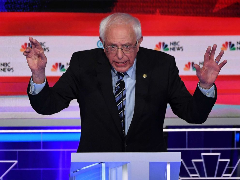 PHOTO: Bernie Sanders participates in the second night of the first 2020 democratic presidential debate at the Adrienne Arsht Center for the Performing Arts in Miami, June 27, 2019.