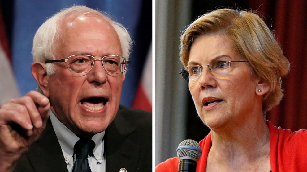 PHOTO: Democratic 2020 U.S. presidential candidates Sen. Bernie Sanders and Sen. Elizabeth Warren speak at campaign events in 2019.