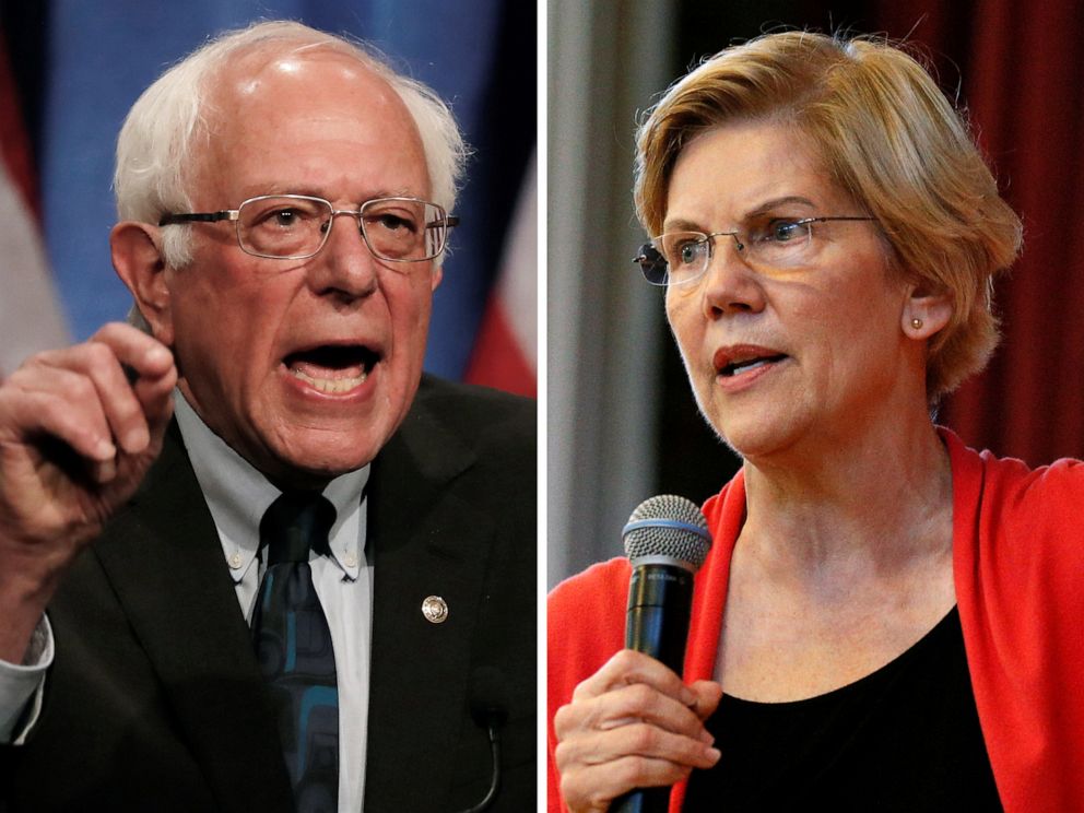 PHOTO: Democratic 2020 U.S. presidential candidates Sen. Bernie Sanders and Sen. Elizabeth Warren speak at campaign events in 2019.