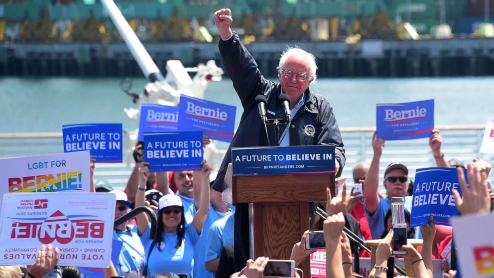 PHOTO: Democratic Party candidate Bernie Sanders speaks to supporters, May 27, 2016, in Los Angeles.
