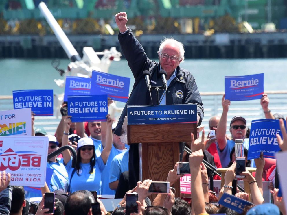 PHOTO: Democratic Party candidate Bernie Sanders speaks to supporters, May 27, 2016, in Los Angeles.