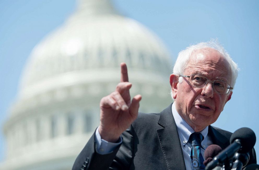 PHOTO: Senator Bernie Sanders speaks during a press conference to introduce college affordability legislation outside the US Capitol in Washington, DC, June 24, 2019.