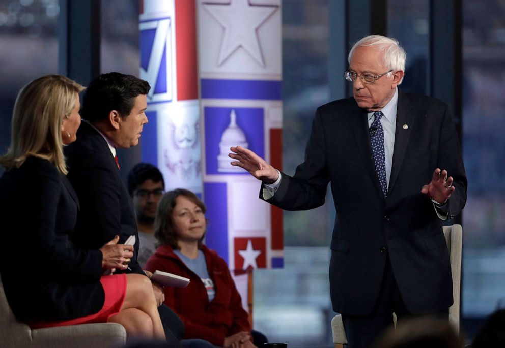 PHOTO: Sen. Bernie Sanders speaks during a Fox News town-hall style event, April 15, 2019, in Bethlehem, Pa.