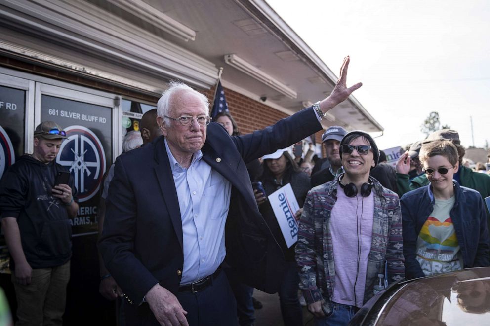 PHOTO: Democratic presidential candidate Sen. Bernie Sanders waves as he leaves a campaign rally on Feb. 28, 2020 in Aiken, SC.