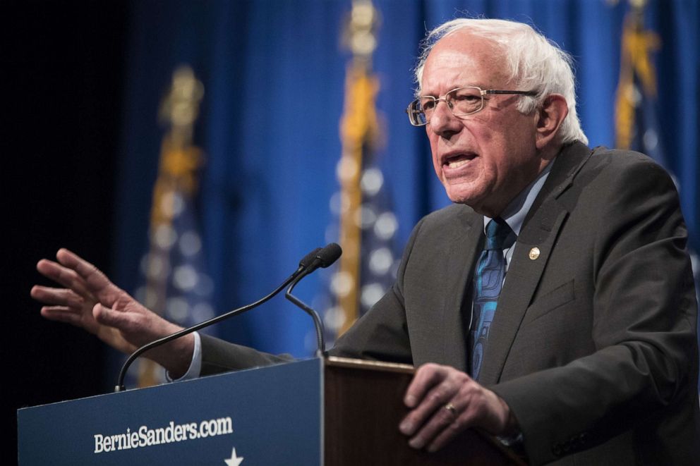 PHOTO: Democratic presidential candidate Sen. Bernie Sanders delivers remarks at a campaign function in the Marvin Center at George Washington University on June 12, 2019 in Washington.